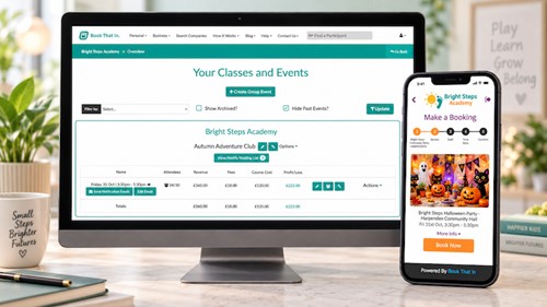 Book That In class and event booking system shown on desktop and mobile